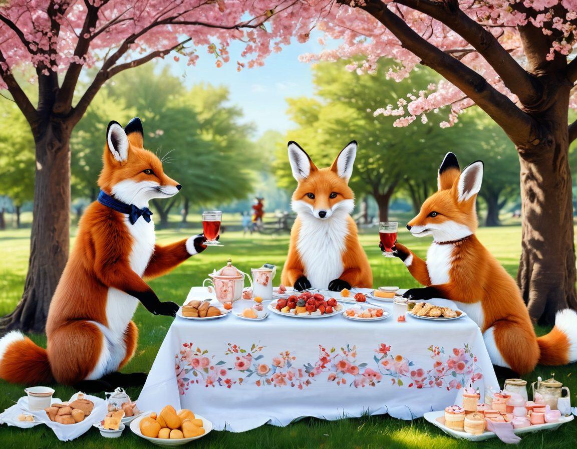 A whimsical scene featuring anthropomorphic animals dressed in Victorian-era attire, engaging in a romantic picnic under a blossoming cherry tree. The foreground showcases a fox and a rabbit sharing a heartfelt moment over a beautifully set table with delicious treats, while soft sunlight filters through the leaves. In the background, other anthropomorphic animals play and dance, creating a lively atmosphere. The colors are vibrant and dreamy, evoking a sense of warmth and romance. soft painting. vibrant colors.