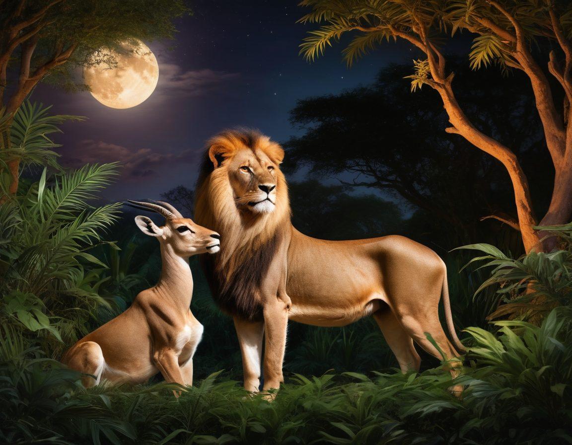 A captivating image of two wild animals, a majestic lion and a graceful gazelle, locked in a moment of intense connection under the moonlit sky. The background is a lush, vibrant jungle teeming with exotic plants, suggesting both allure and sensuality. The scene is illuminated with soft, warm lighting to emphasize their features and the tension of attraction. Include subtle hints of swirling colors to represent desire. super-realistic. vibrant colors. mystical atmosphere.
