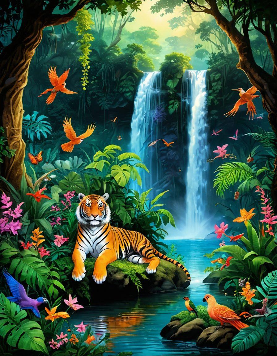 A whimsical scene featuring a lush, vibrant jungle with an array of colorful wildlife, such as exotic birds, playful monkeys, and a majestic tiger lounging near a tranquil waterfall. Incorporate elements of fantasy like ethereal glowing plants and magical creatures peeking through the foliage, to evoke a sense of allure and intrigue. The overall atmosphere should be enchanting and inviting, capturing the essence of wildlife allure and desire. vibrant colors. fantasy art.
